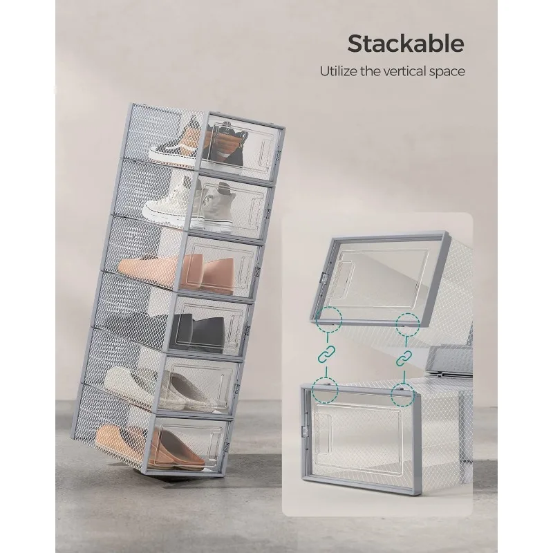 Shoe Boxes, Pack of 12 Shoe Storage Organizers, Stackable Clear Plastic Boxes for Closet, Sneakers, 9.1 x 13.1 x 5.6 Inches