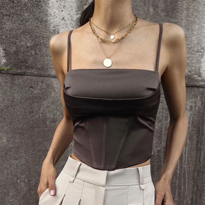 

French INS Aesthetic Cropped Tops Woman Corset Sexy Satin Tank Top Summer Chic Sleeveless Bustier Hot Sale Slim Halter Camisole