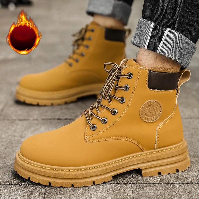 

Sneakers Casual Shoes for Men Casual Pu Leather Boots plush Comfortable Flat Soled High Top Mid Lace Up Fashion Male Footwear Ne