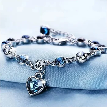 Bracciale portafortuna da donna color argento Bracciale femminile con ciondolo a forma di cuore in cristallo blu, braccialetto da sposa, fidanzamento, gioielleria raffinata 1