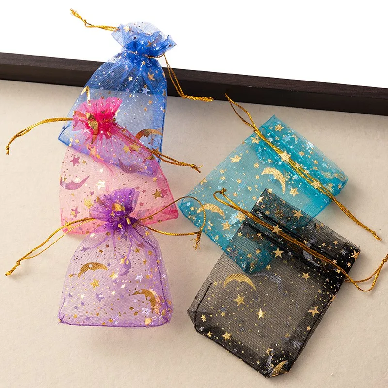 50 Pcs Moon Star Print Organza Bags - 4.72x3.5 Inch Drawstring Gift Pouches For Candy, Jewelry & Favors