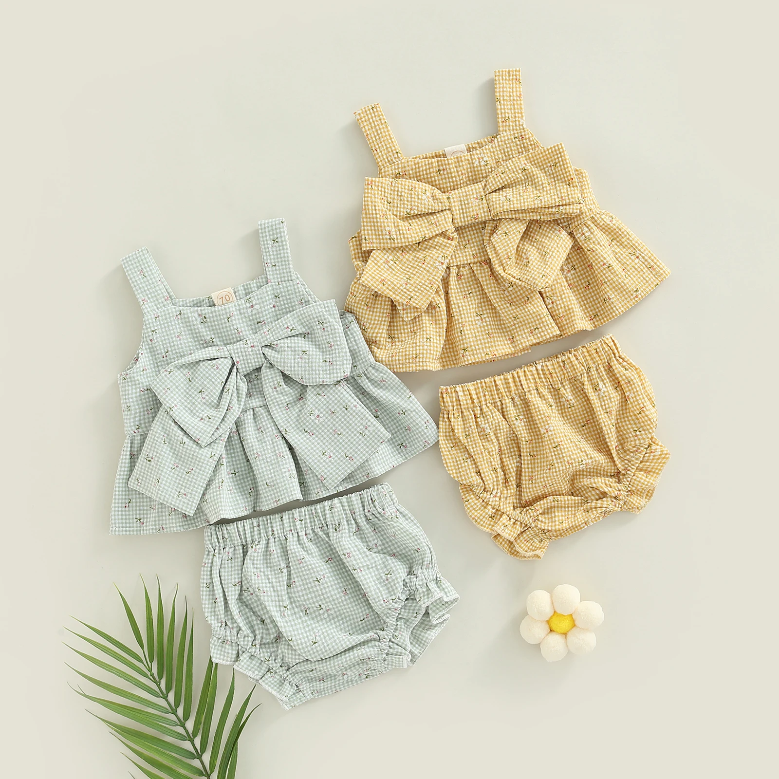 Citgeett Summer Infant Baby Girl Outfits Suit Plaid Pattern Floral Printed Bowknot Suspender Tops Shorts Clothes Set