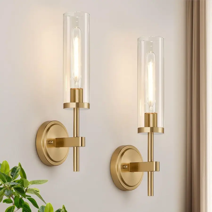 Sconces Set of Two, Brushed Gold Bathroom Sconces with Clear Glass ...