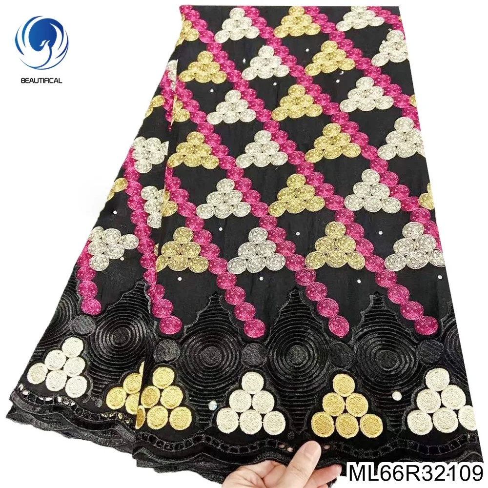 

2023 New Elegant Swiss Lace Wedding Black Nigerian Party Dress with 100% Cotton Fabric High Quality Embroidery ML66R321