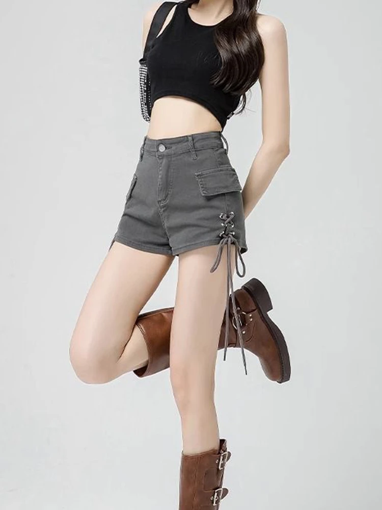 2024 Vintage Streetwear Denim Cargo Shorts Women Sexy High Waist Grey Shorts Slim Lace Up Amercian Retro A Line Shorts