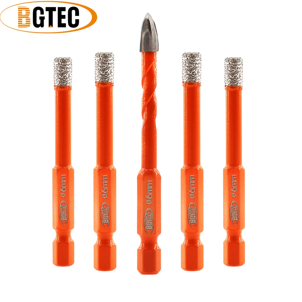 BGTEC 5pcs/Box Hex Shank Quick Release Diamond Drill Bits Set Cross Hole Opener Dia6mm Ceramic Tile PVC Wood Drilling Core Kit