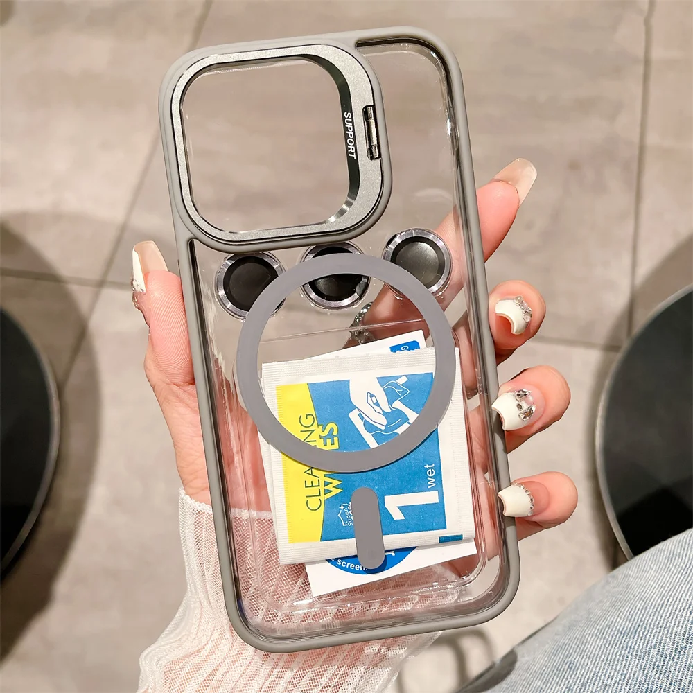 Premium Magnetic Stand Glass Lens Protection Phone Case with Magsafe Compatibility and Shockproof Design