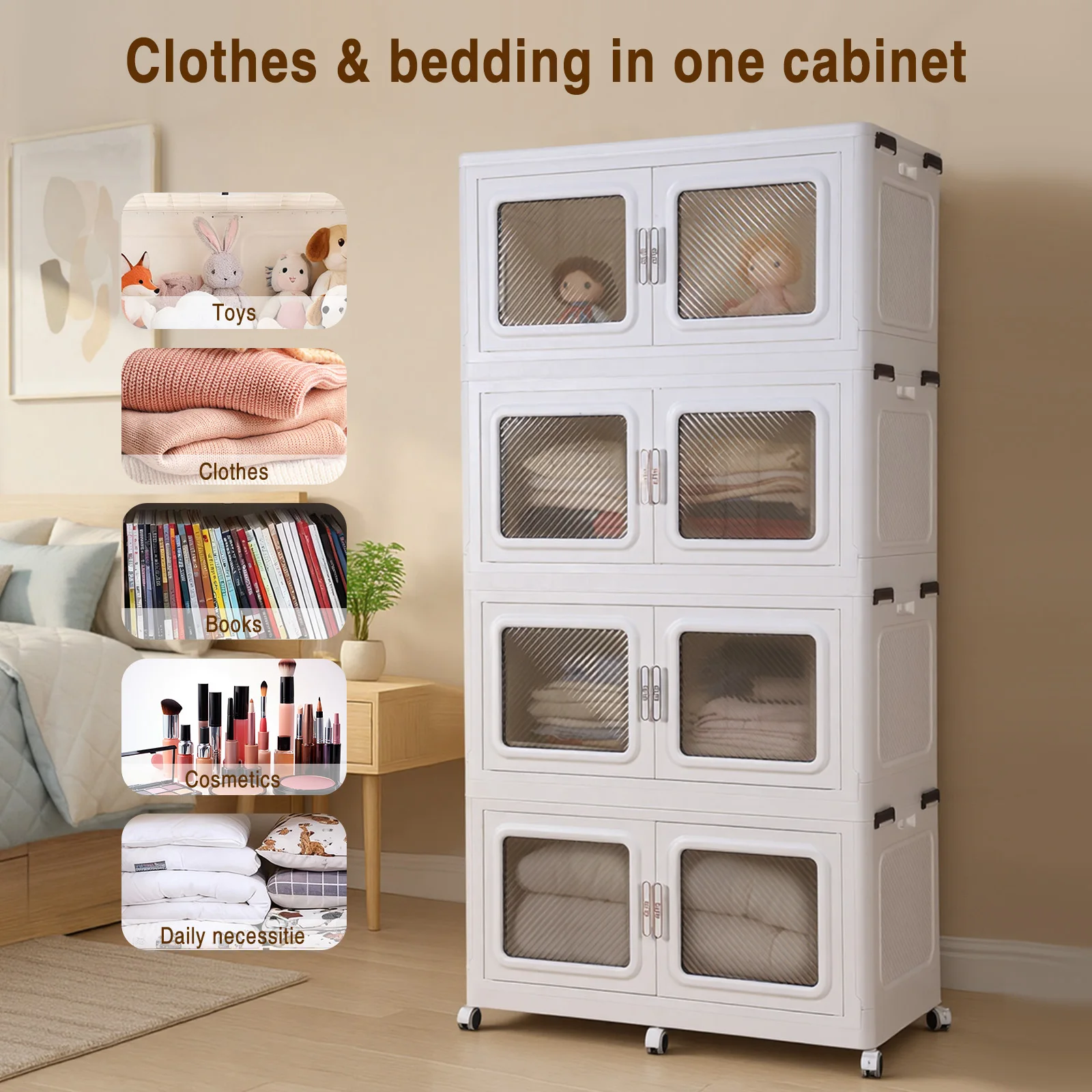 Stackable Storage Bin with Lid Plastic Storage Cabinet with Wheel Free Installation Storage Cabinet for Bedroom and Living Room