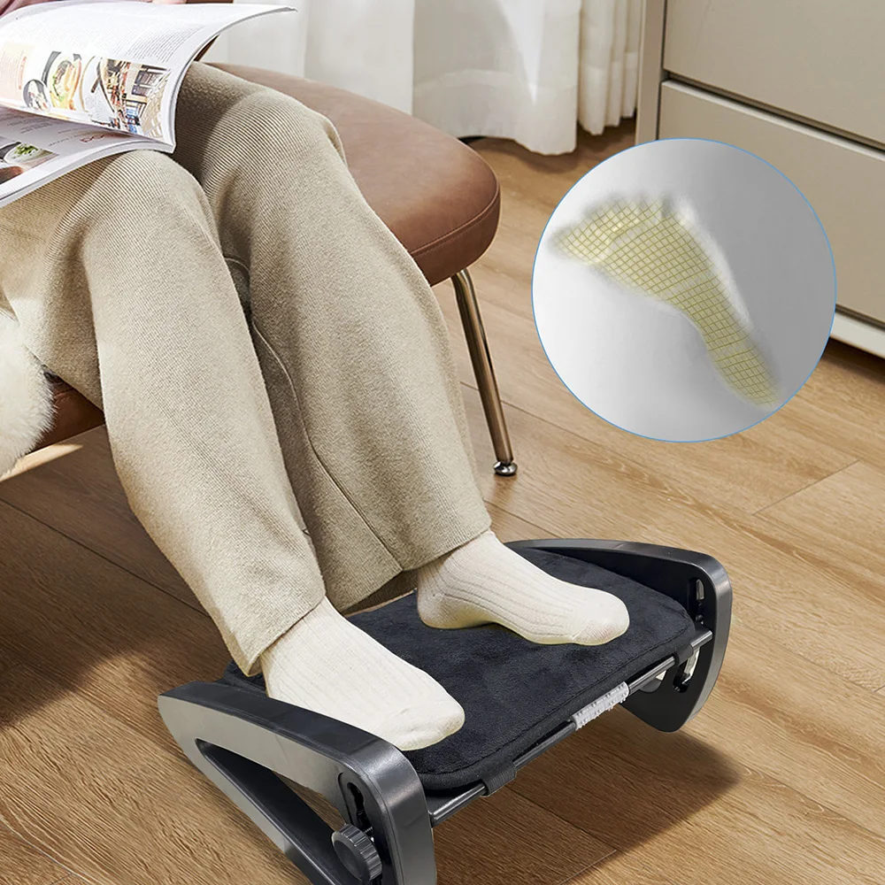 6 Height Adjustable Under Desk Footrest Ergonomic Leg Rest with Comfort Soft Pad and Massage Rollers for Home Office Work Study