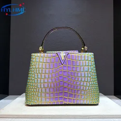 Genuine Leather Gradient Crocodile Pattern Women Handbags Tote Bag Female 2024 V-Shaped Shoudler Messenger Bags Luxury Fashion