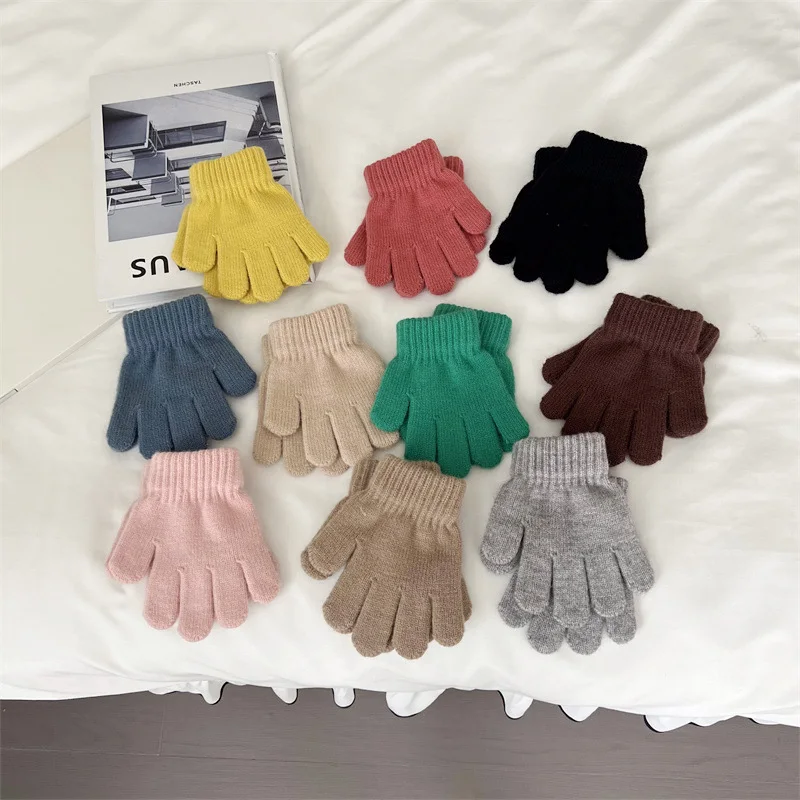 Solid Color Kids Gloves Winter Thick Velvet Boy Girl Warm Five Finger Mittens Outdoor Riding Windproof Children Anti-Cold Gloves