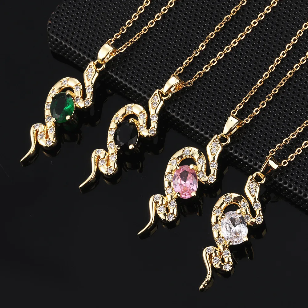 

New Necklace Women's 18k Gold Plated Pink Crystal Zircon Animal Snake Pendant Hip Hop Rock Fashion Jewelry Couple Gift