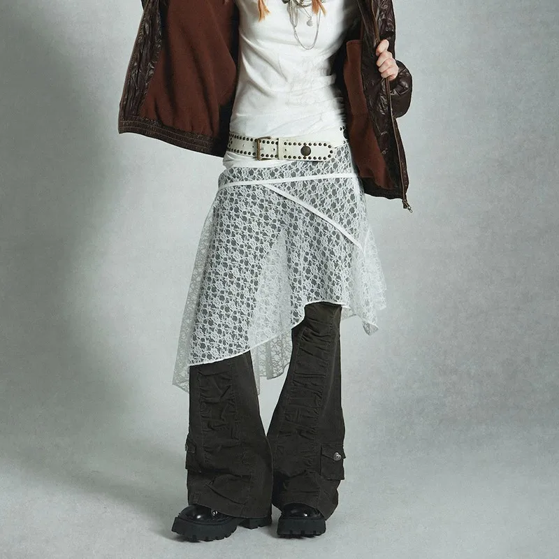 Karrcat Japanese Y2k Lace Skirt Grunge Aesthetics Vintage Irregular White Skirt Harajuku High Street Cut Out Skirt Korean Style