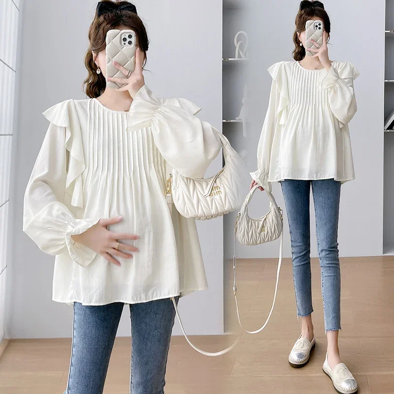 Spring Summer Long Sleeve Blouses for Maternity Sweet Ruffle A Line Tunic 24SS Y2k Pregnancy Tops