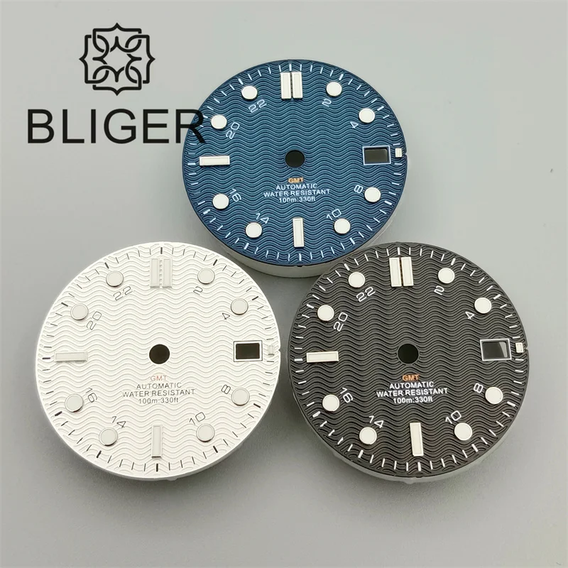 

BLIGER 29mm/31mm Watch Dial Black Blue White Dial Wave Grain Green Luminous Fit NH34 DG5833/3804 GMT Automatic Movement Date