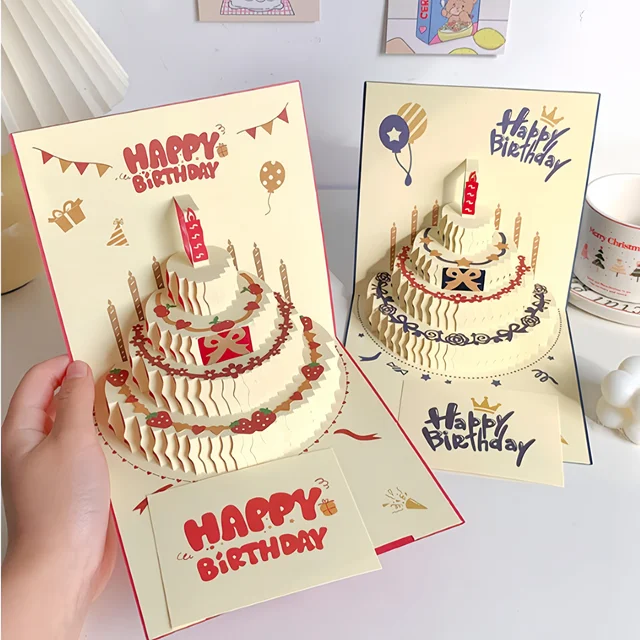 3D Happy Birthday Card Christmas Gift Card Birthday Cake Pop-Up Greeting with Envelope Christmas Invitation Cards 1