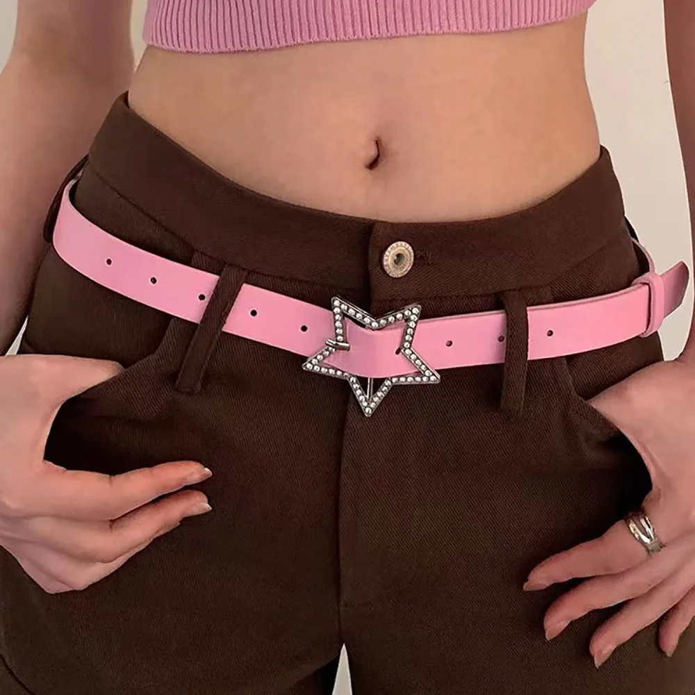 

New Fashion Y2K Star Buckle Belt Pink Leather Elastic Binding Embellished Waistband Girls Hip Hop Waist Belt Jeans Pants Belts