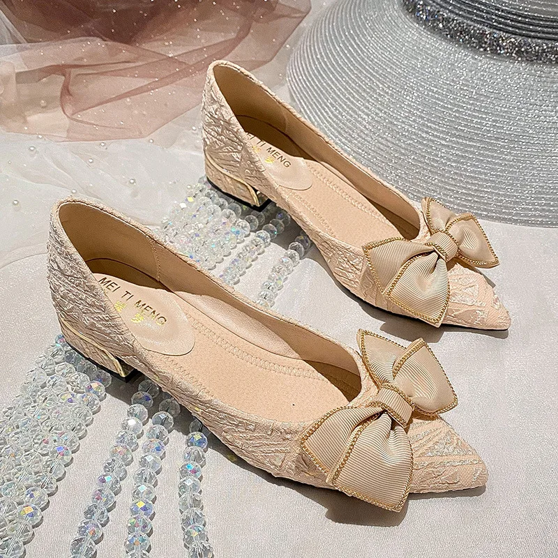 Luxury Brand Heel Shoes Women Pumps 2022 New Fashion Butterfly-knot Square Heel Pointed Toe Plus Size 41 Lady Shoes Women