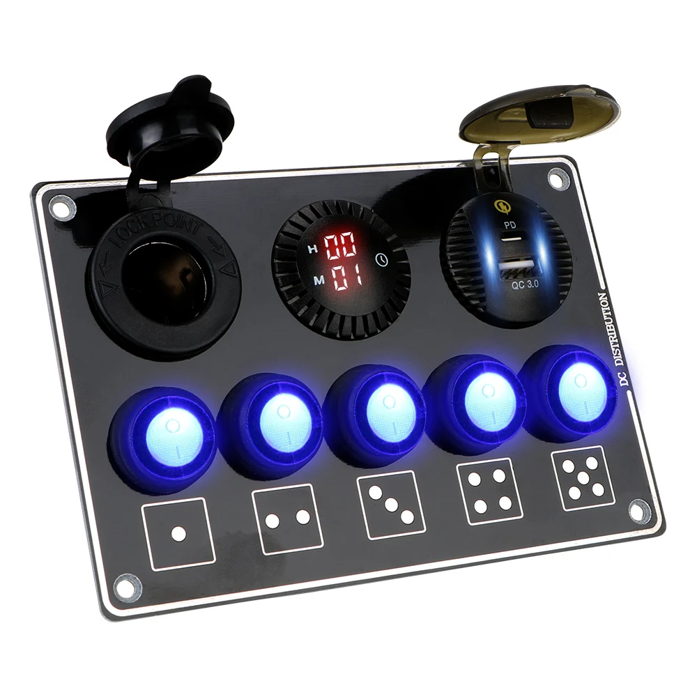 For RV Car Marine 12/24V LED Voltage Display Car Switch Panel 5 Gang