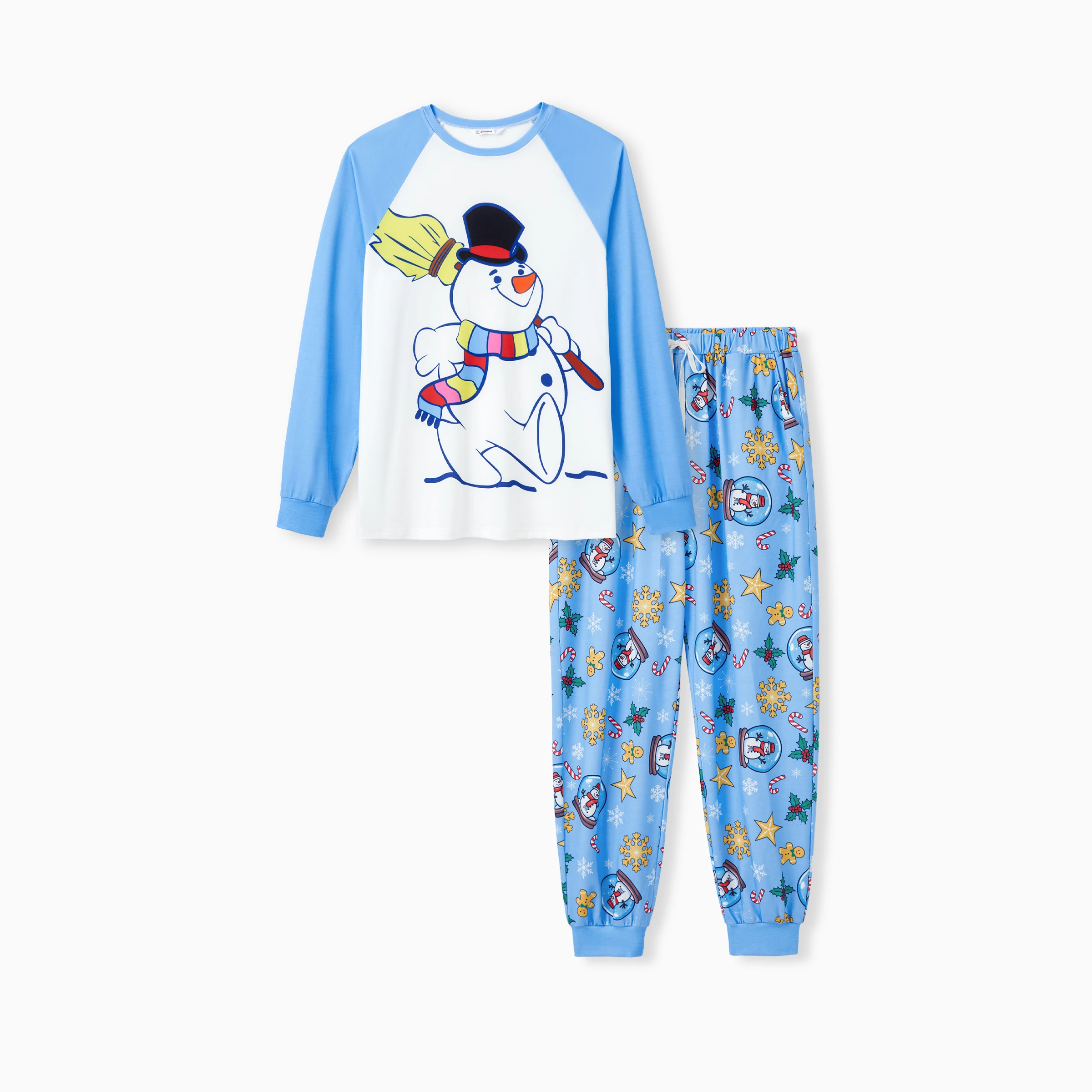thumbnail image 5 of Pijama navideño familiar a juego con estampado de muñeco de nieve, mangas raglán azules, cordón y bolsillos (resistente al fuego), 5 of 5