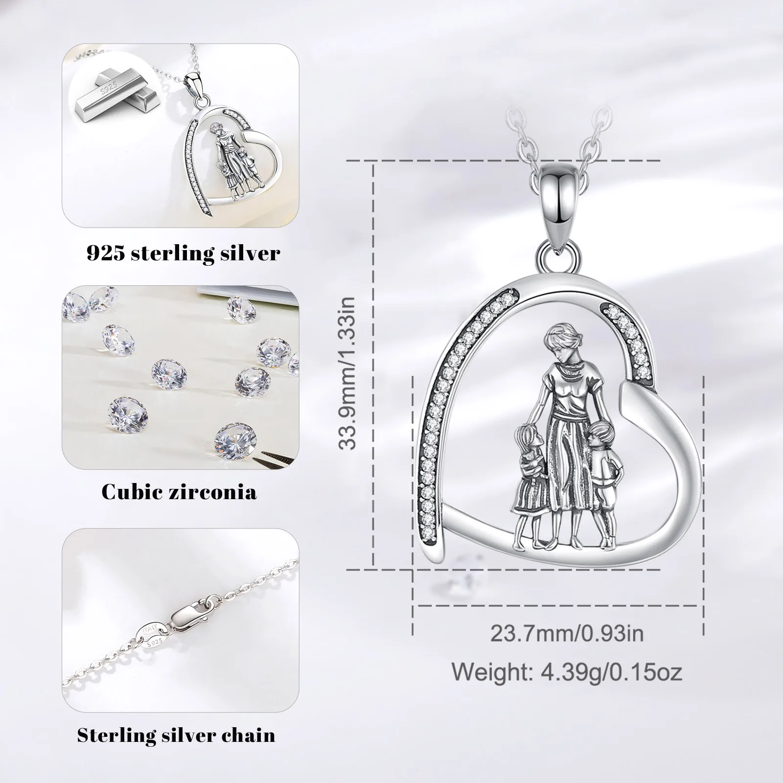 Eudora Original 925 Sterling Silver Mother Kids Necklace Heart Zircon Mom Boy Girl Pendant Vintage Jewelry Mother's Day Gift