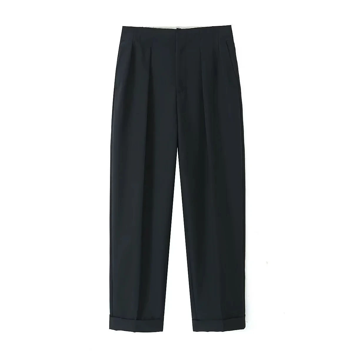 

TRAF Women Pleated Solid Mop Pants 2023 Autumn Fashion Classic Blend Mid Waist Trousers Female Neutral Simple Wide Leg Pants