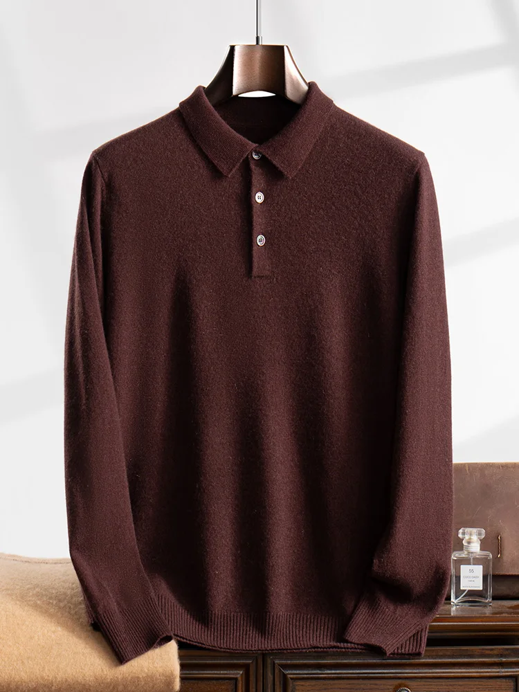 ANGEL 2024 Men's New POLO Shirt 100% Cashmere Knitted Pullover Solid Color Sweater Fall Winter Casual Business Office Jacket 5