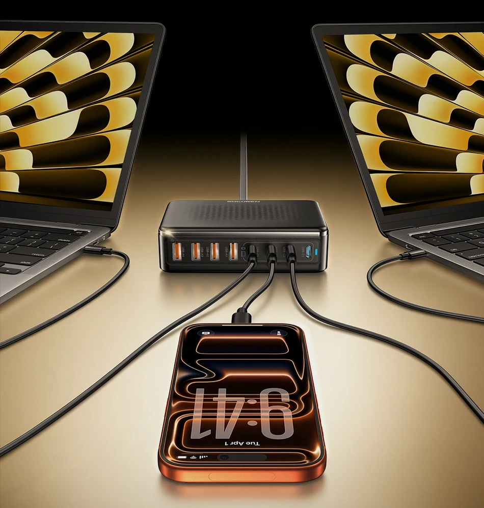 Rocoren 200W GaN Ladegerät 8-in-1 Desktop-Schnellladestation für iPhone 17 Pro Xiaomi Samsung USB-C Ladegerät Tragbare Powerstation – Detail 13