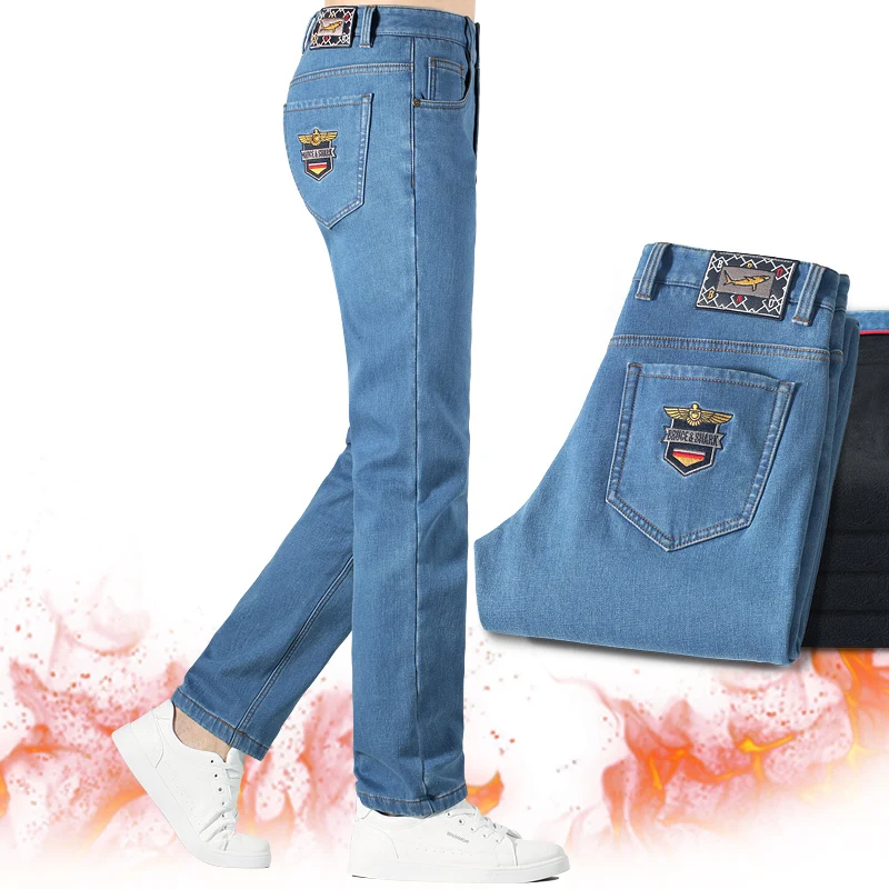 2024 Winter New Straight Leg Black Fleece Lining Jeans for Men Bruce&Shark Stretch Mid-Waist Velvet Denim Casual Mens Jeans 2