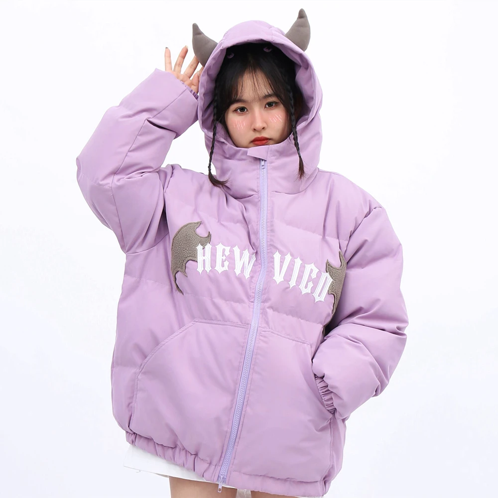 Harajuku Mens Women Goth Y2k Dark Devil Horn Embroidery Quilted Coats Thicken Warm Cotton Jacket Loose Kawaii Winter Clothes