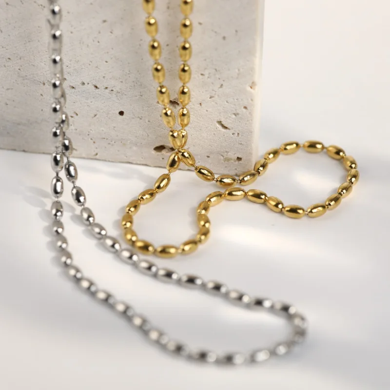 

KouCh 45+5cm Beads Chain Sweater Collier For Woman Classic Boho Fashion Chain Choker Oval Beads Jewelry On Neck Stainless Steel