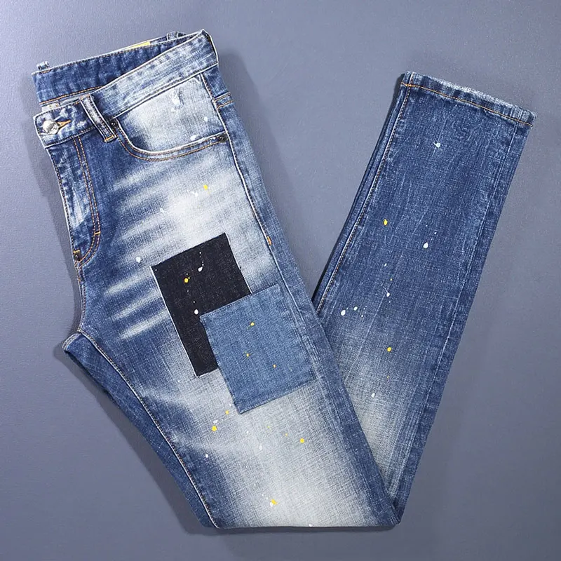 Street Fashion Men Jeans Retro Blue High Quality Elastic Skinny Fit Ripped Jeans Men Patched Designer Hip Hop Brand Pants Hombre