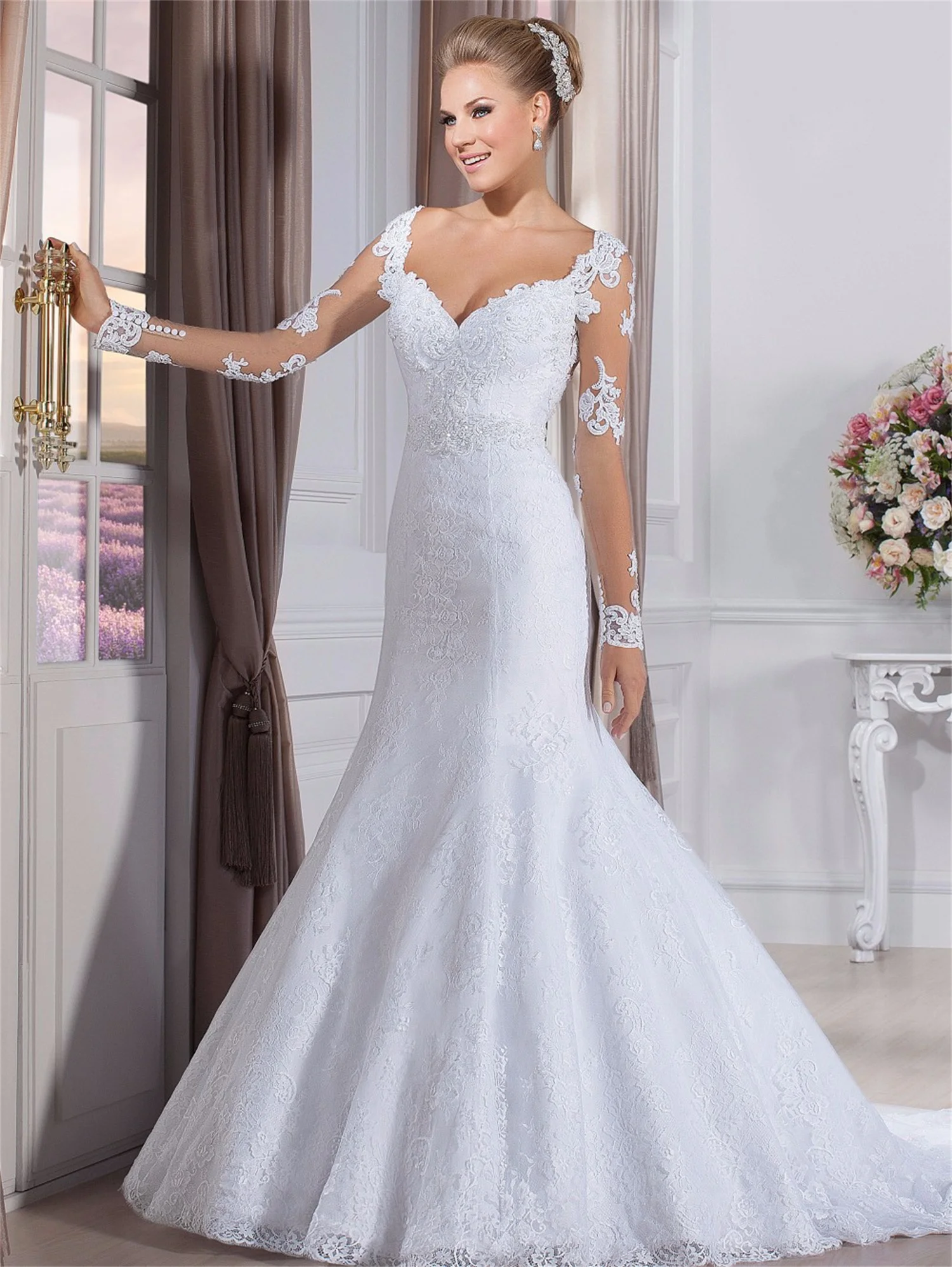 

V-neck Brides Wedding Dresses Plus Size Woman Long Sleeve Wedding Dress for Women 2023 Bride Women's Elegant Dresses Bridal Gown