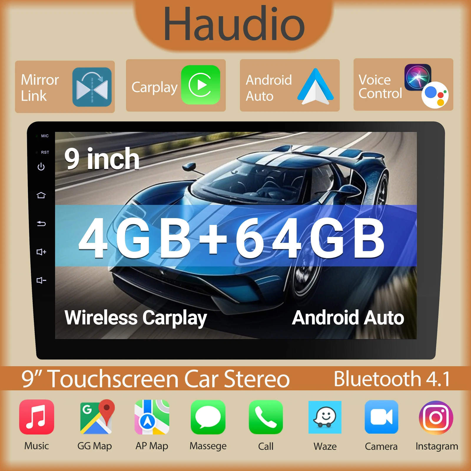Haudio 9" Wireless Double Din Car Stereo, Car Radio with Apple Carplay & Android Auto/BT 5.4/Backup Camera/Mirror Link/WiFi-6