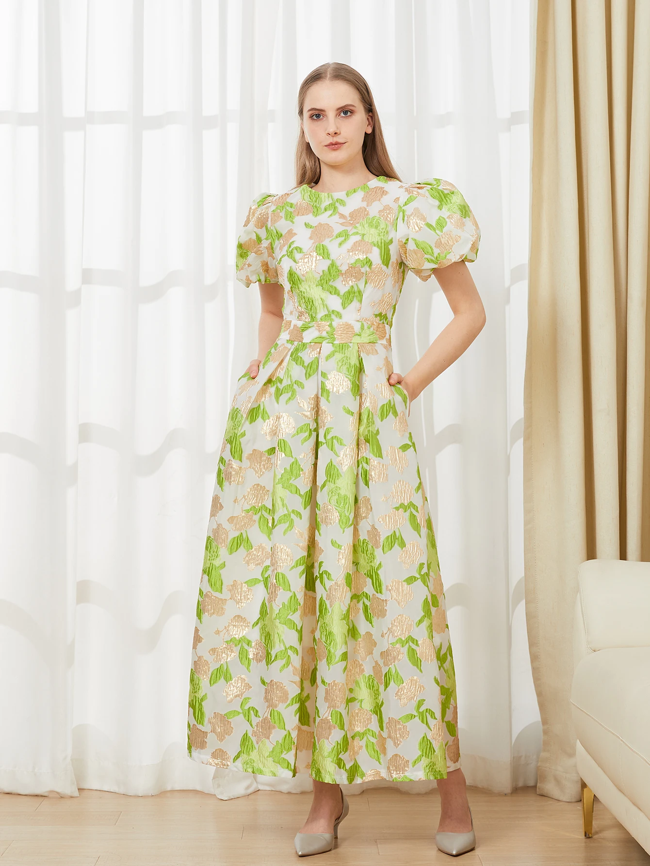 DEVCHATA Neue Luxus Frauen Puff Sleeve Organza Jacquard Prinzessin Party Kleid Lange Elegante kleider für Prom Blume Party Kleid – Detail 10