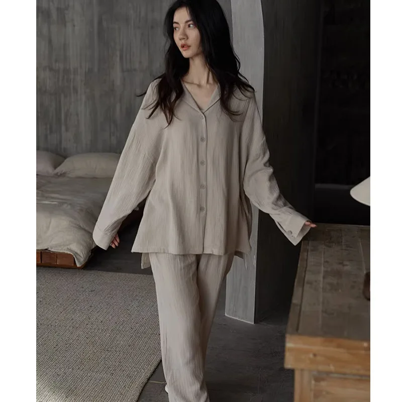 2024 New Couple Pajamas Long-sleeved Cotton Thin Loungewear Women's Simple and Loose Can be Worn Outside Casual Suits