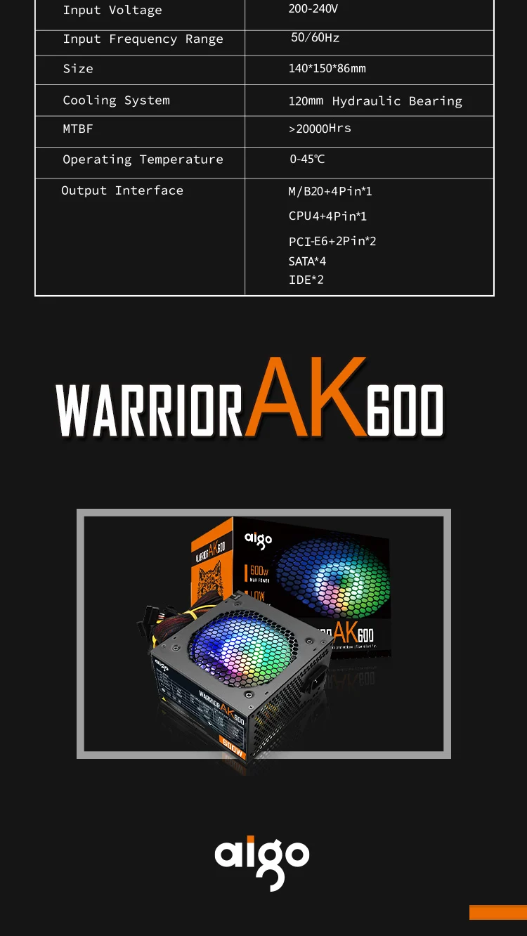 Aigo AK PC PSU Power Supply Unit 500W 600W 700W 800W 1000W Gaming 120mm RGB Fan 220V ATX Desktop computer Power Supply for BTC 19 S22a88b2deb09486ba99cbf56a75221e8y