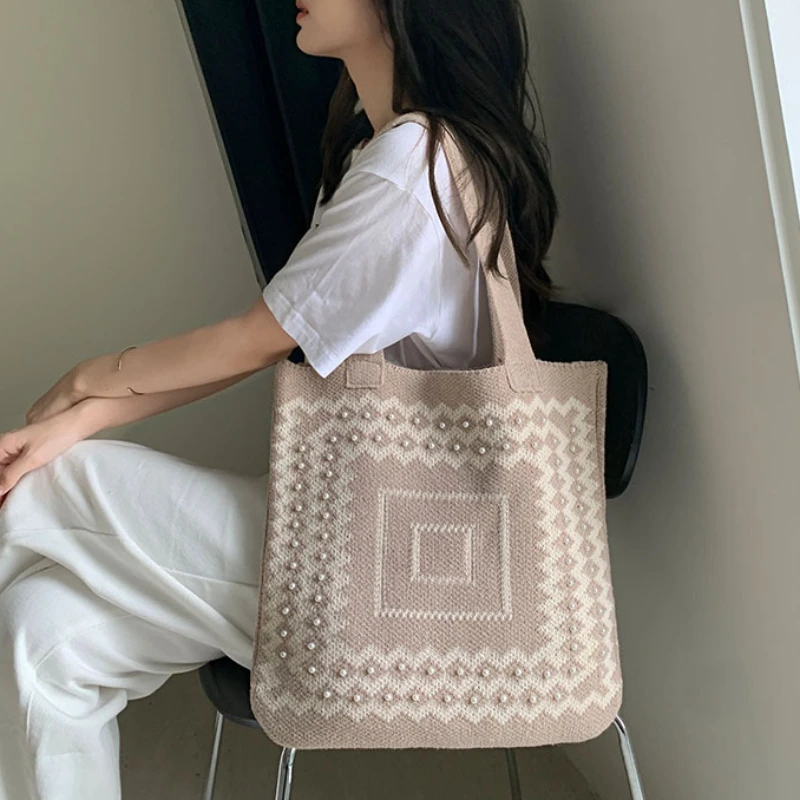 

Новинка 2023, вязаная сумка на плечо, сумка-тоут, Высококачественная модная дизайнерская сумка с геометрическим рисунком, Повседневная сумка для покупок, большая вместимость
