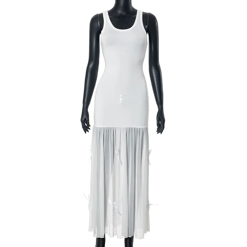 Tee Bow Mesh Patchwork Long Dress Women's Bandage See-Through Beach Holiday Party Dress Elegant Slim Maxi Dress Summer New