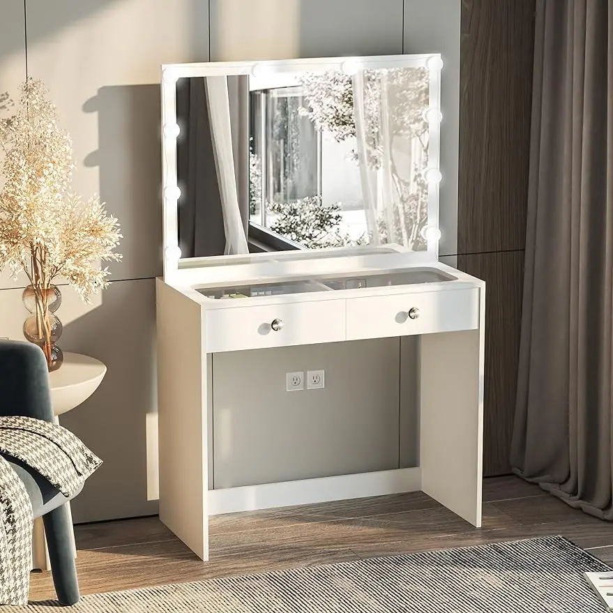 

Suri Modern Vanity Table Dresser, White Finish, Light Bulbs Perfect Lighting For Applying Makeup And Hairstyling, for Bedroom