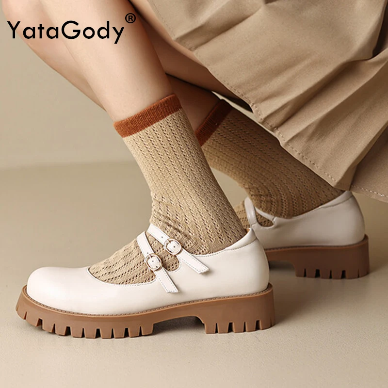 

YATAGODY Size 32-43 Casual Platform Pumps For Women Thick Mid Heels Shoes Buckle Strap Loafers 2024 Spring Jk Girls Work Dressy