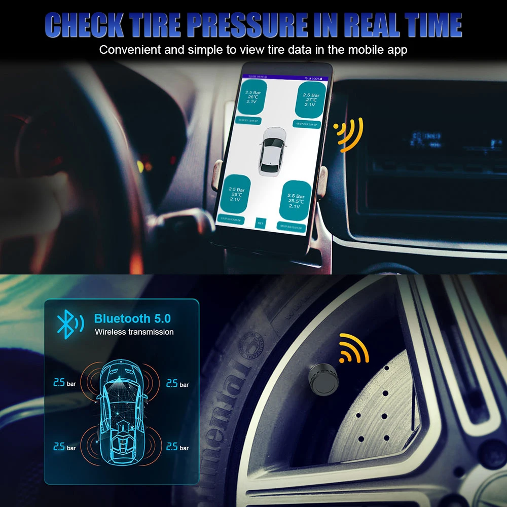 zmart Android iOS対応 TPMS Bluetooth 4.0 タイヤ 圧力 監視システム 温度 パンク 警告 外付けセンサー