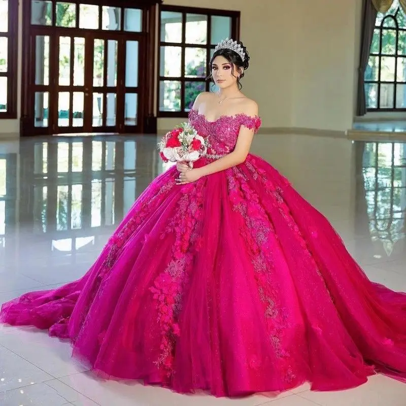 

Lorencia Shiny Quinceanera Dress Mexican Sweetheart Lace 3DFlower Puffy Ball Gowns Applique Sweet 16 Vestidos De XV Anos YQD366