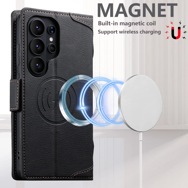 Wireless Charging Flip Leather Phone Case with Stand and Magnetic Card Slot