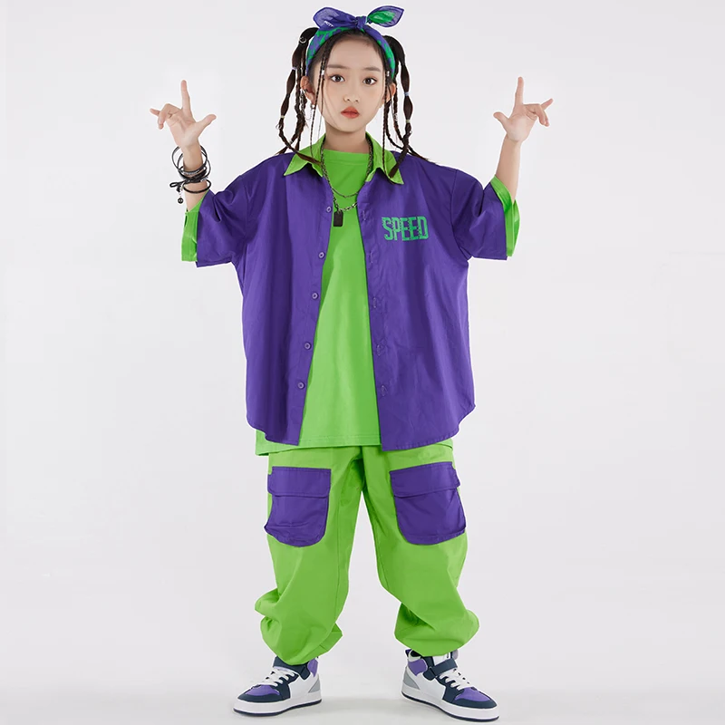 Hip Hop Dance Costume Purple Shirt Coat Green Cargo Pants Girl Boys Jazz Performance Outfit Fashion Kids Clothing BL10632