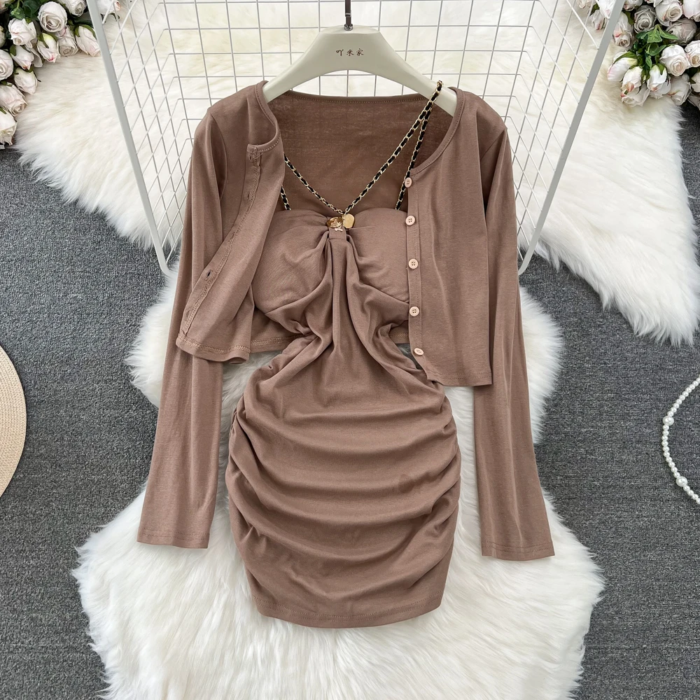 

Женские шикарные комплекты из двух предметов, шаль с длинным рукавом и сексуальное плиссированное платье-комбинация без рукавов