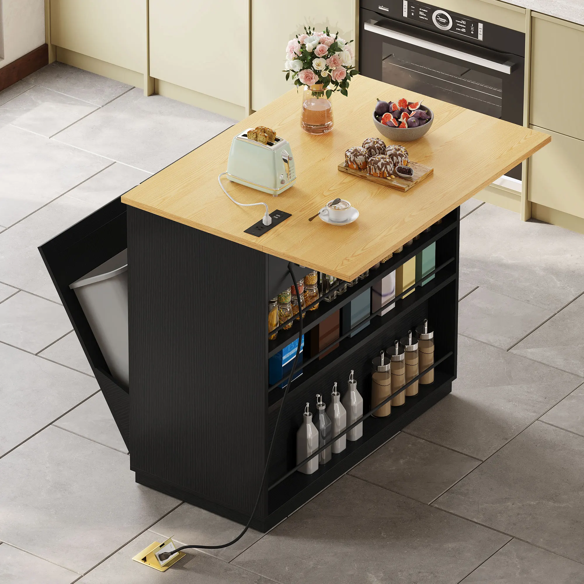 Double Tilt Out Trash Cabinet 10 Gallon with Drop Leaf & Power Outlet, Rolling Kitchen Island Trash