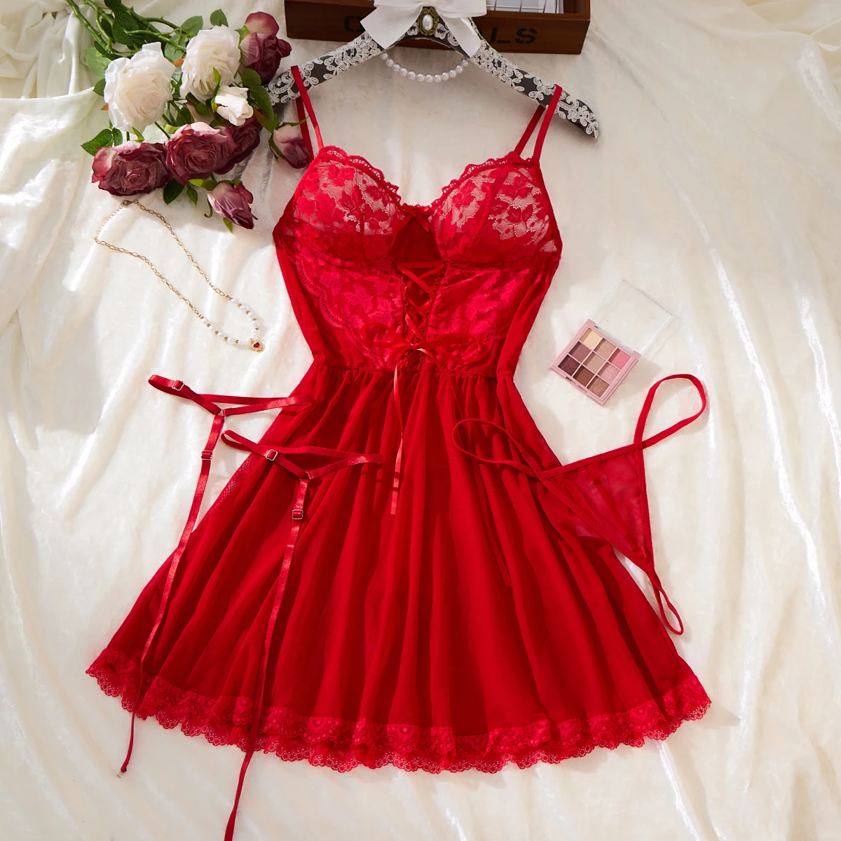 Sexy Bra And Garter Belt Lingerie Hot Red Babydoll Dress Erotic Women Exquisite 3-Piece Sets Thong Nightgown Set With Leg Rings