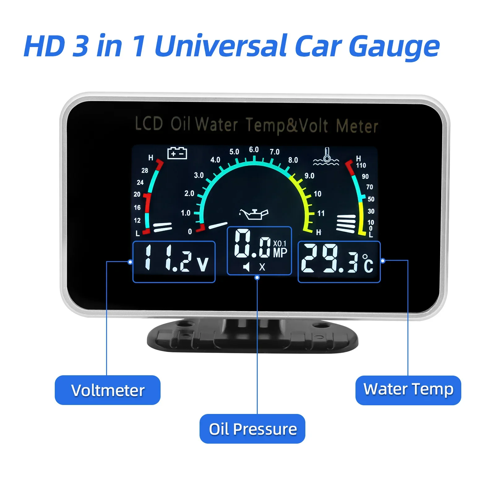 12V/24V Universal 3 in 1 LCD Car Gauge Oil Pressure Gauge Voltage gauge Water Te