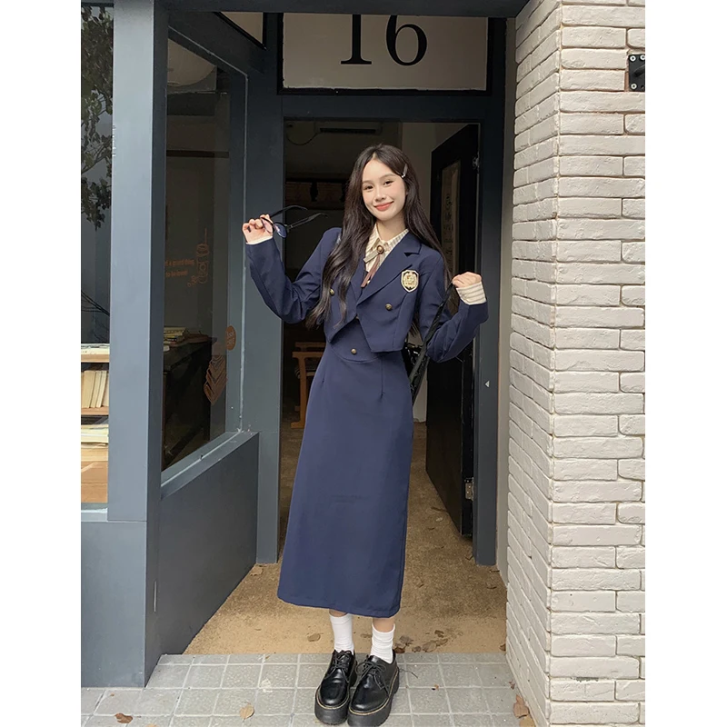 

Новинка 2023, Осенний Модный женский костюм UNXX с коротким жакетом и платьем в колледжском стиле, в полоску, рубашка, Лидер продаж, офисный женский костюм для девушек